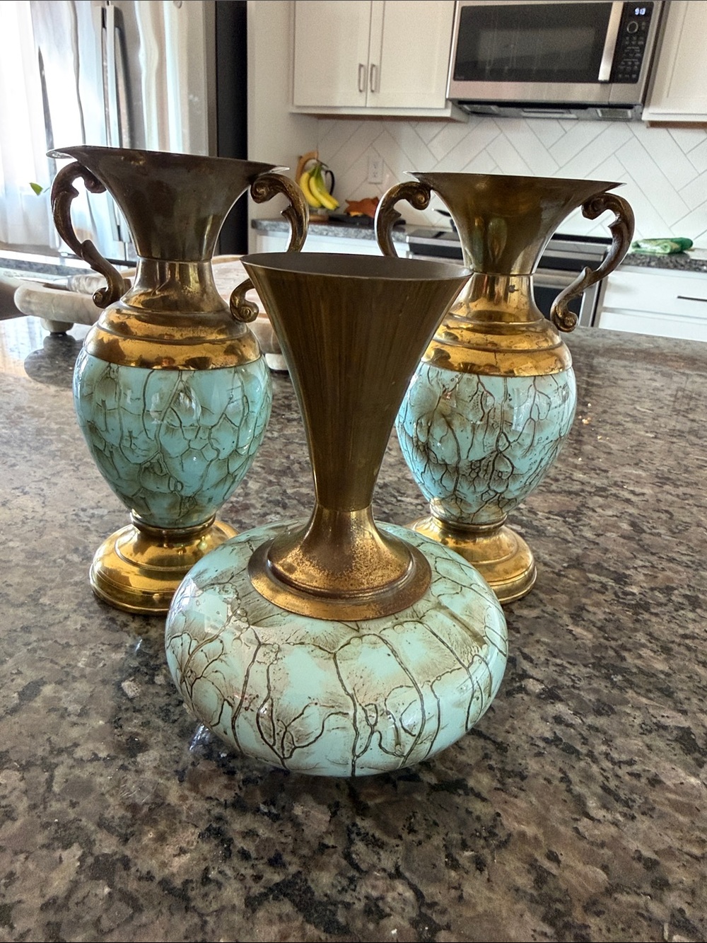 Set of 3 Turquoise Crackle Ceramic and Brass Accent Vases